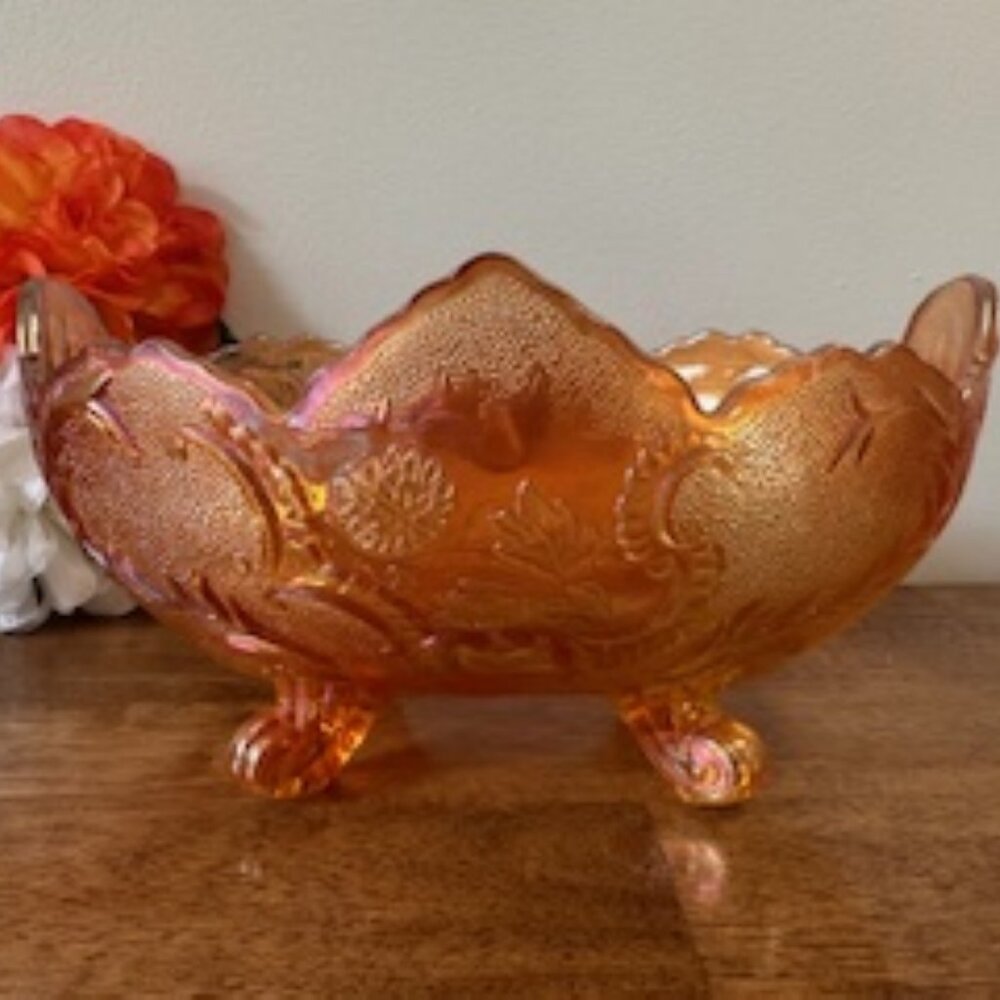 Jeanette Glass Marigold Carnival Dish Vintage Lombardi Pattern Iridescent Oval
